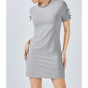 Fabletics Grey Yani Mini Dress Size Medium Tie Bow Sleeve Tshirt Dress